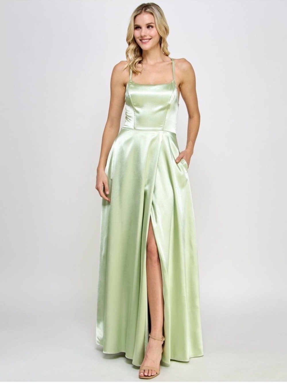 Satin Spaghetti-Strap Formal Lace Up Back Dress in Light Green Size 3
